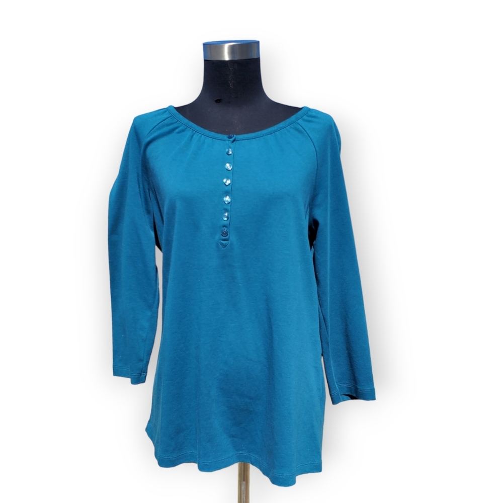 LL Bean Women's Scoop Neck Henley Turquoise Blue Cotton 3/4 Sleeve Size L